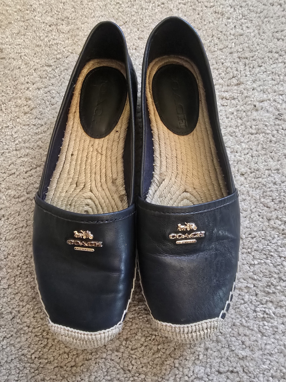 Coach Black Leather Espadrille Flats with Gold Logo